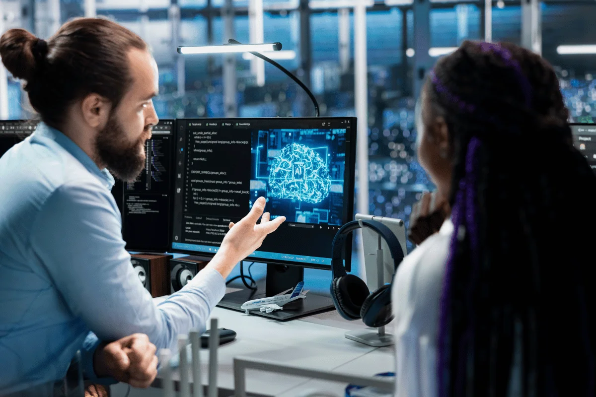 A man gestures at AI code on a computer screen while explaining it to a woman. The office setting is modern and focused on technology.