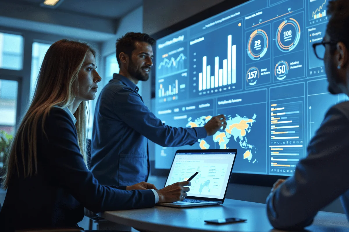 A group of professionals analyze data on a large screen and a laptop, discussing charts and maps in a modern office setting.