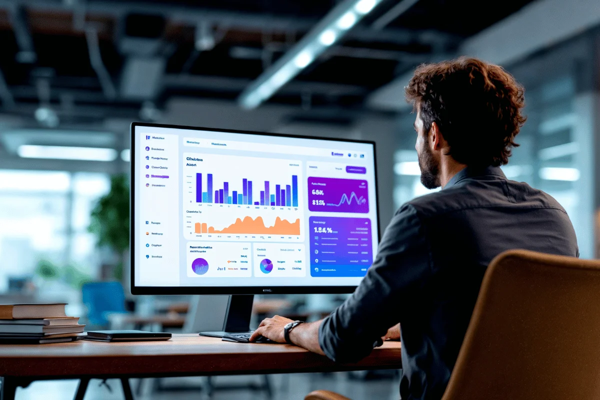 Business professional analyzing performance metrics on a desktop dashboard with charts and graphs in a modern office setting.