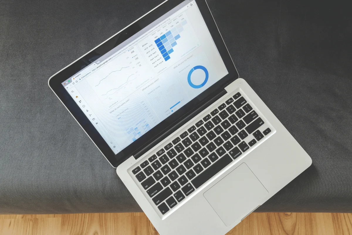 Laptop displaying analytics dashboard with charts and performance metrics